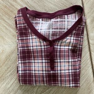 Henley Plaid Button-Up Top in Burgundy and White